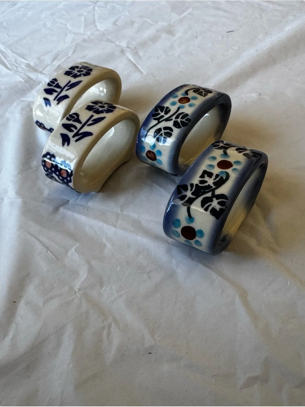 Polish Pottery Blue Floral Ceramic Napkin Rings - Set of 4